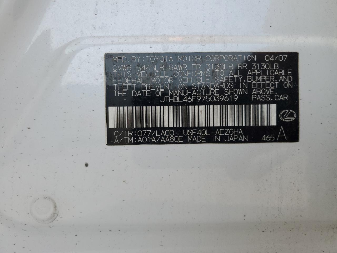 JTHBL46F975039619 2007 Lexus Ls 460