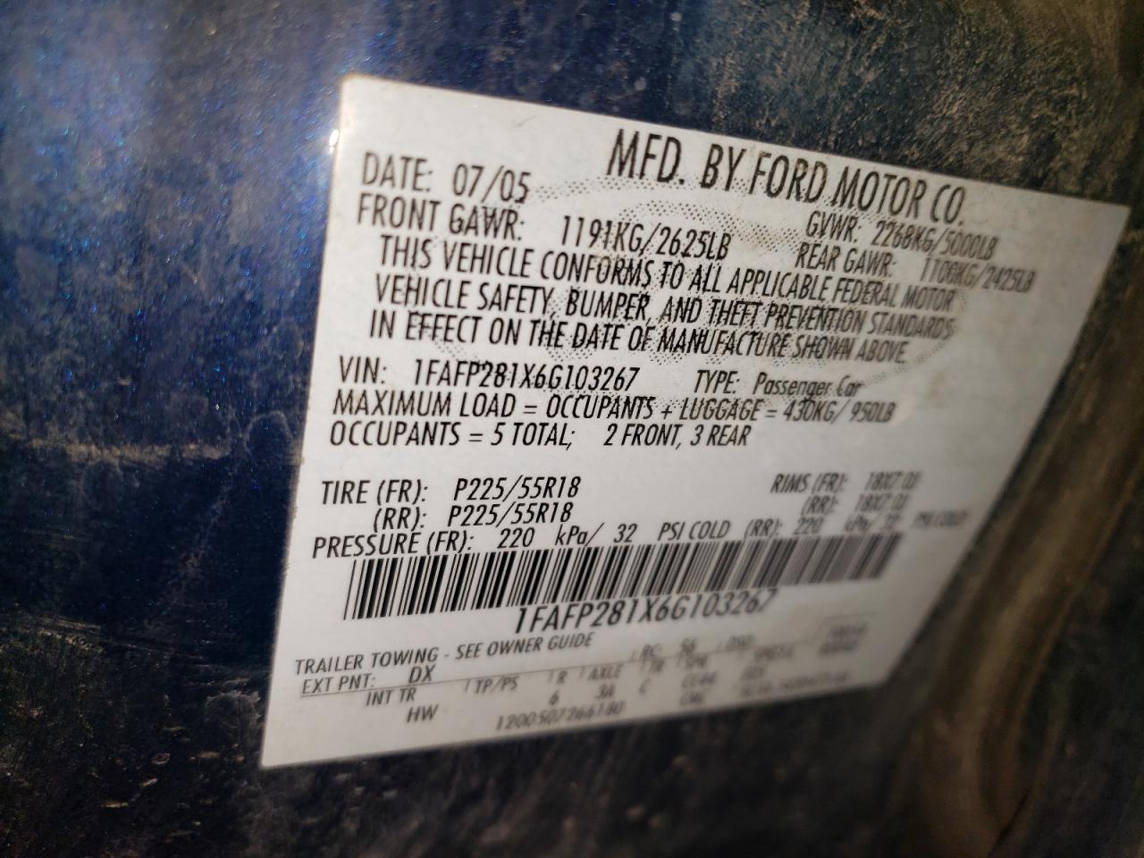 1FAFP281X6G103267 2006 Ford Five Hundred Limited