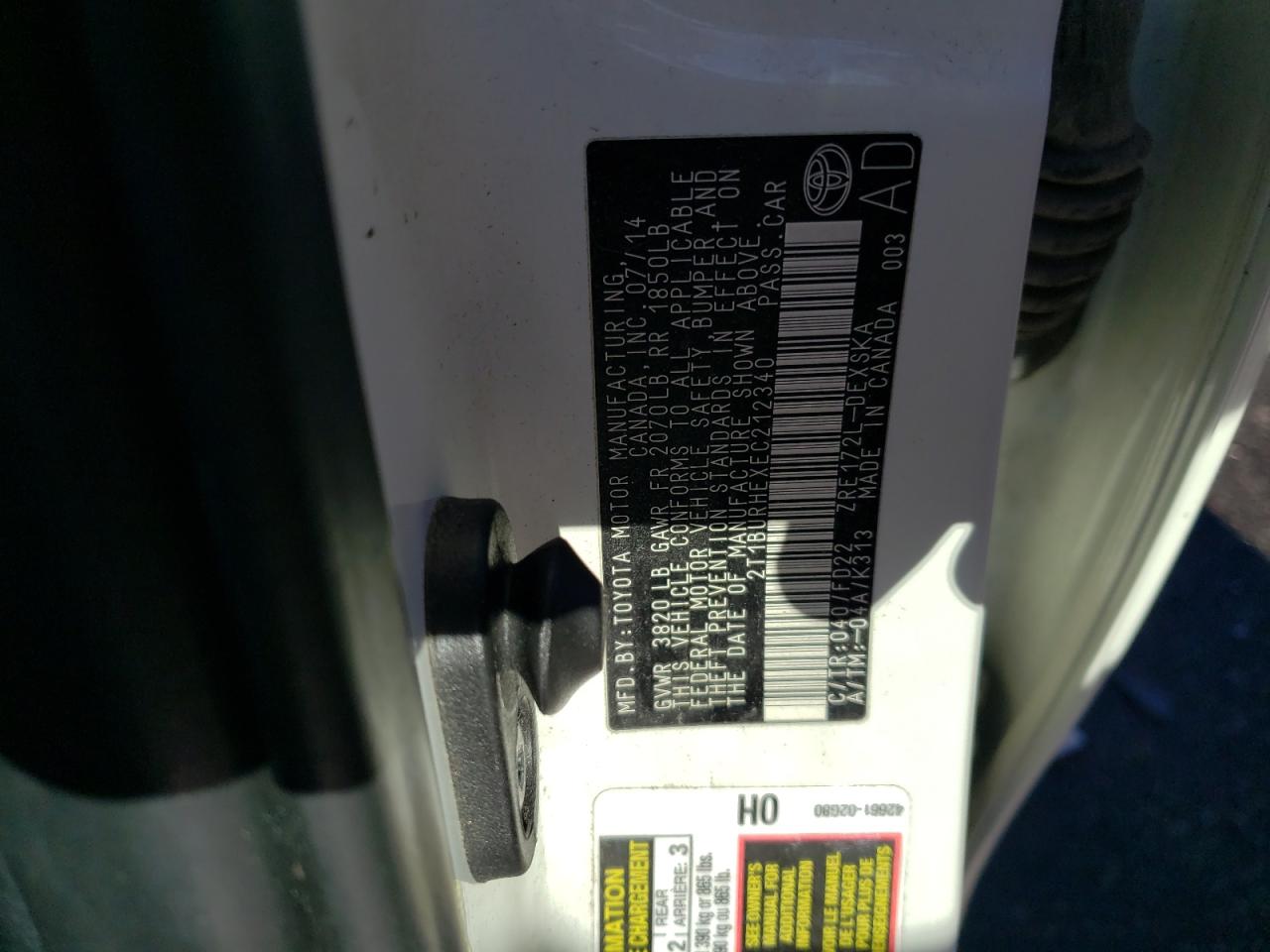 2T1BURHEXEC212340 2014 Toyota Corolla L