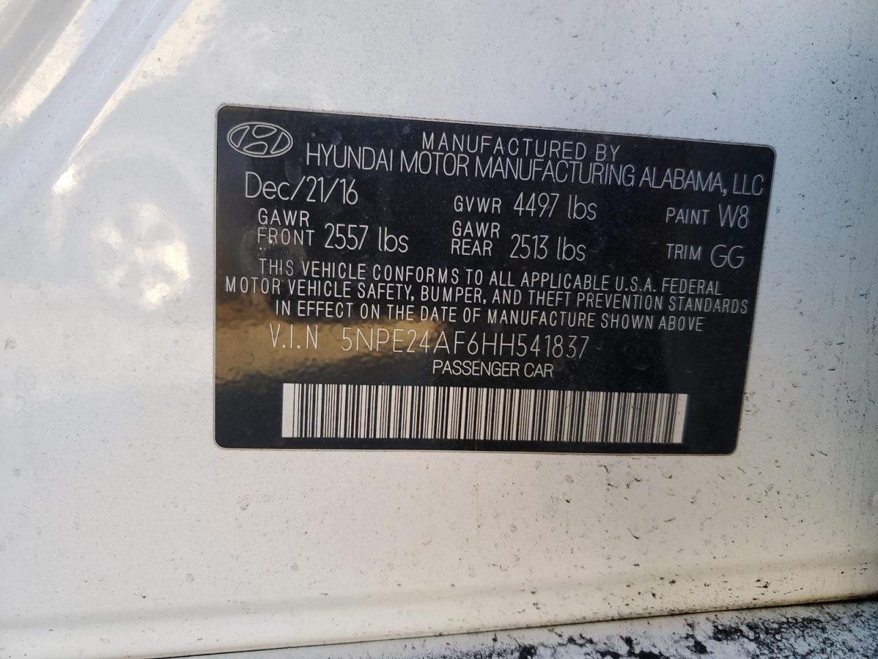 5NPE24AF6HH541837 2017 Hyundai Sonata Se