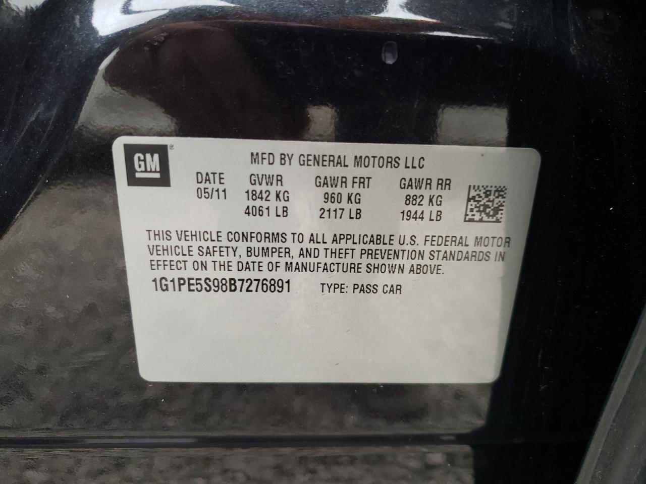 1G1PE5S98B7276891 2011 Chevrolet Cruze Lt