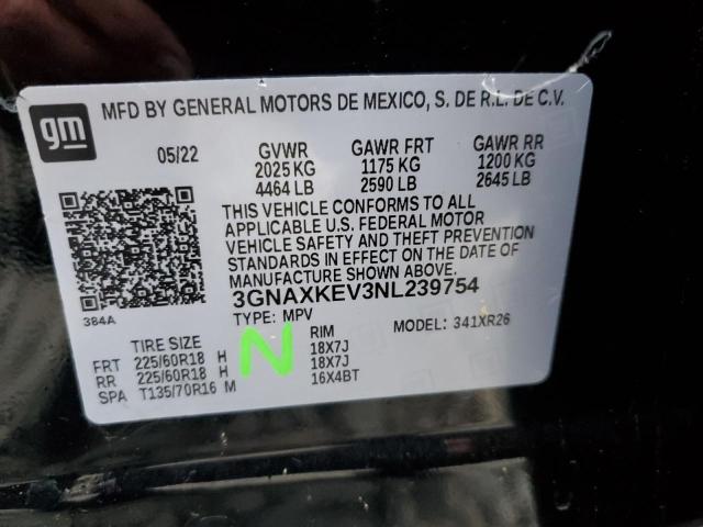 3GNAXKEV3NL239754 | 2022 CHEVROLET EQUINOX LT