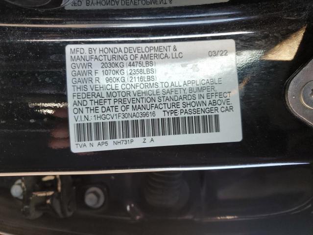 1HGCV1F30NA039616 | 2022 HONDA ACCORD SPO