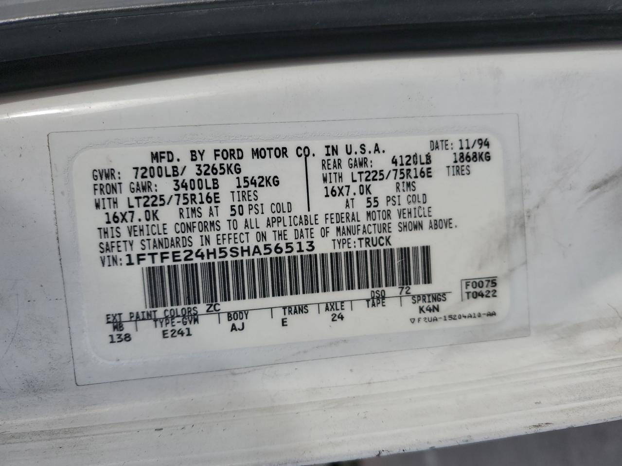 1FTFE24H5SHA56513 1995 Ford Econoline E250 Van