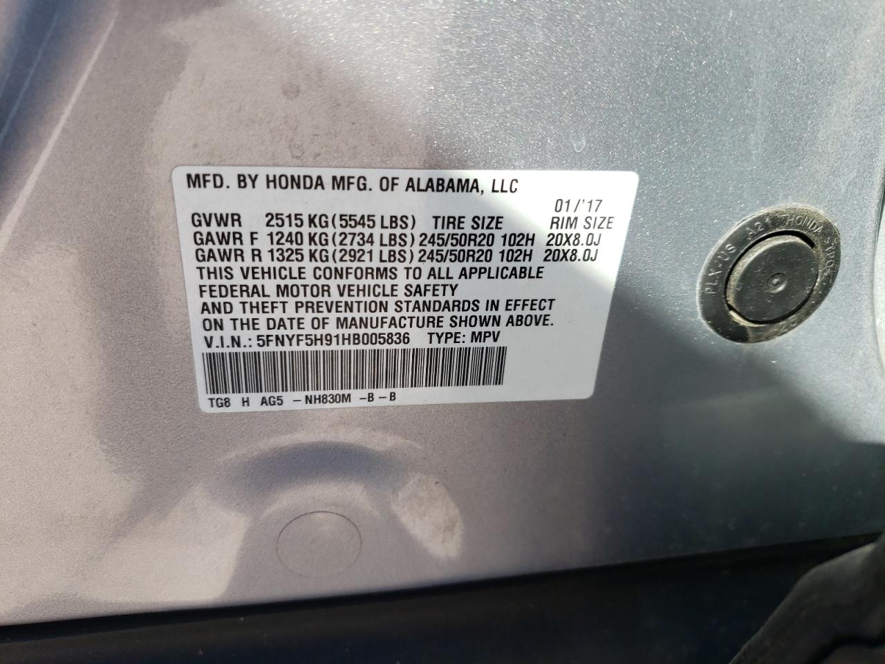 5fnyf5h91hb005836 5FNYF5H91HB005836 2017 Honda Pilot Touring