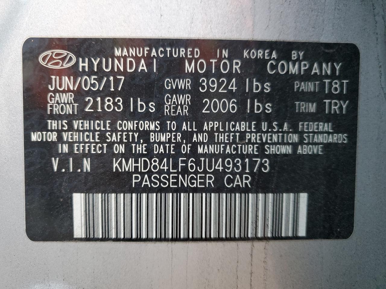 KMHD84LF6JU493173 2018 Hyundai Elantra Sel