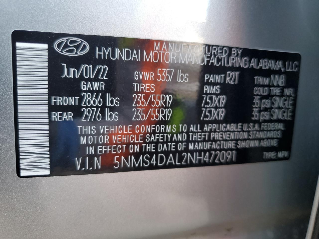 5NMS4DAL2NH472091 2022 Hyundai Santa Fe Limited