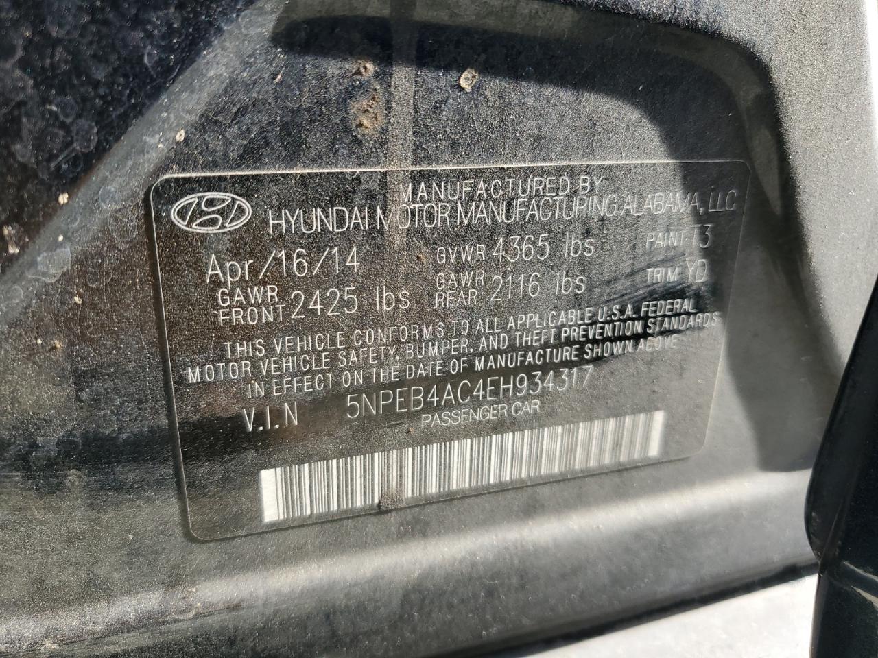 5NPEB4AC4EH934317 2014 Hyundai Sonata Gls