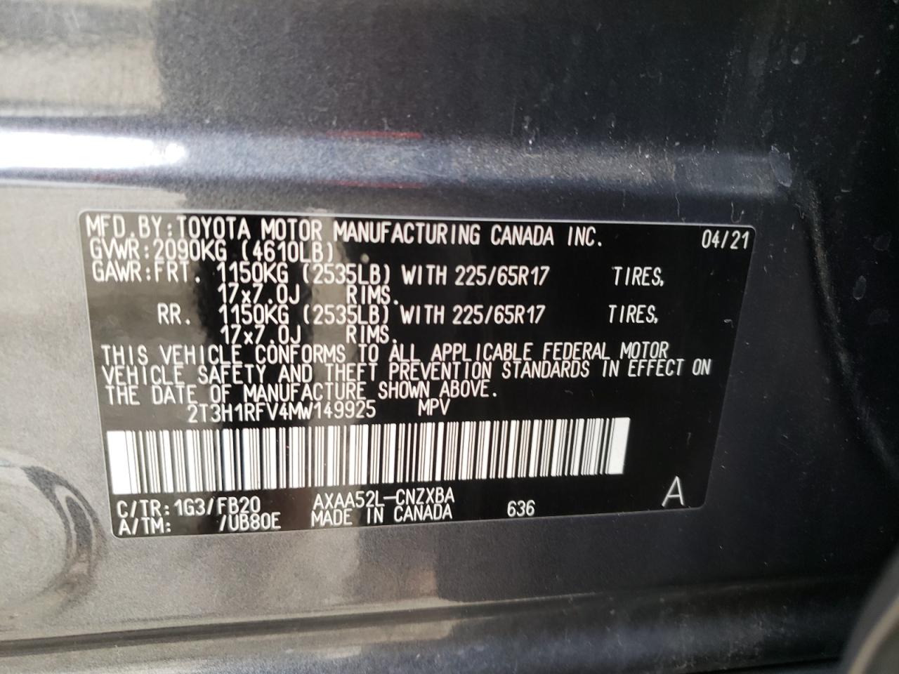 2T3H1RFV4MW149925 2021 Toyota Rav4 Le