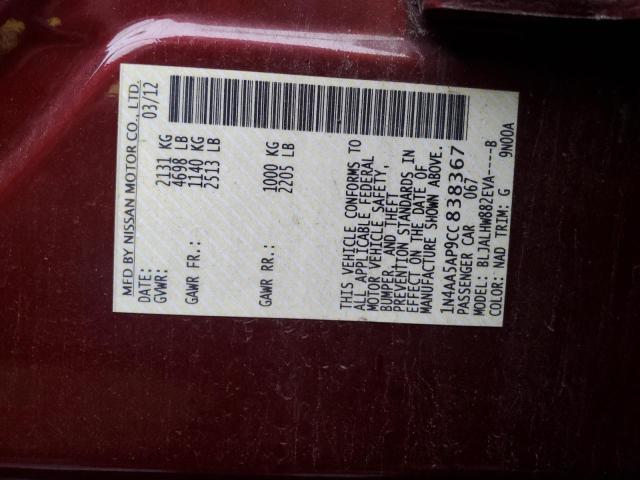 2012 Nissan Maxima S VIN: 1N4AA5AP9CC838367 Lot: 55542414