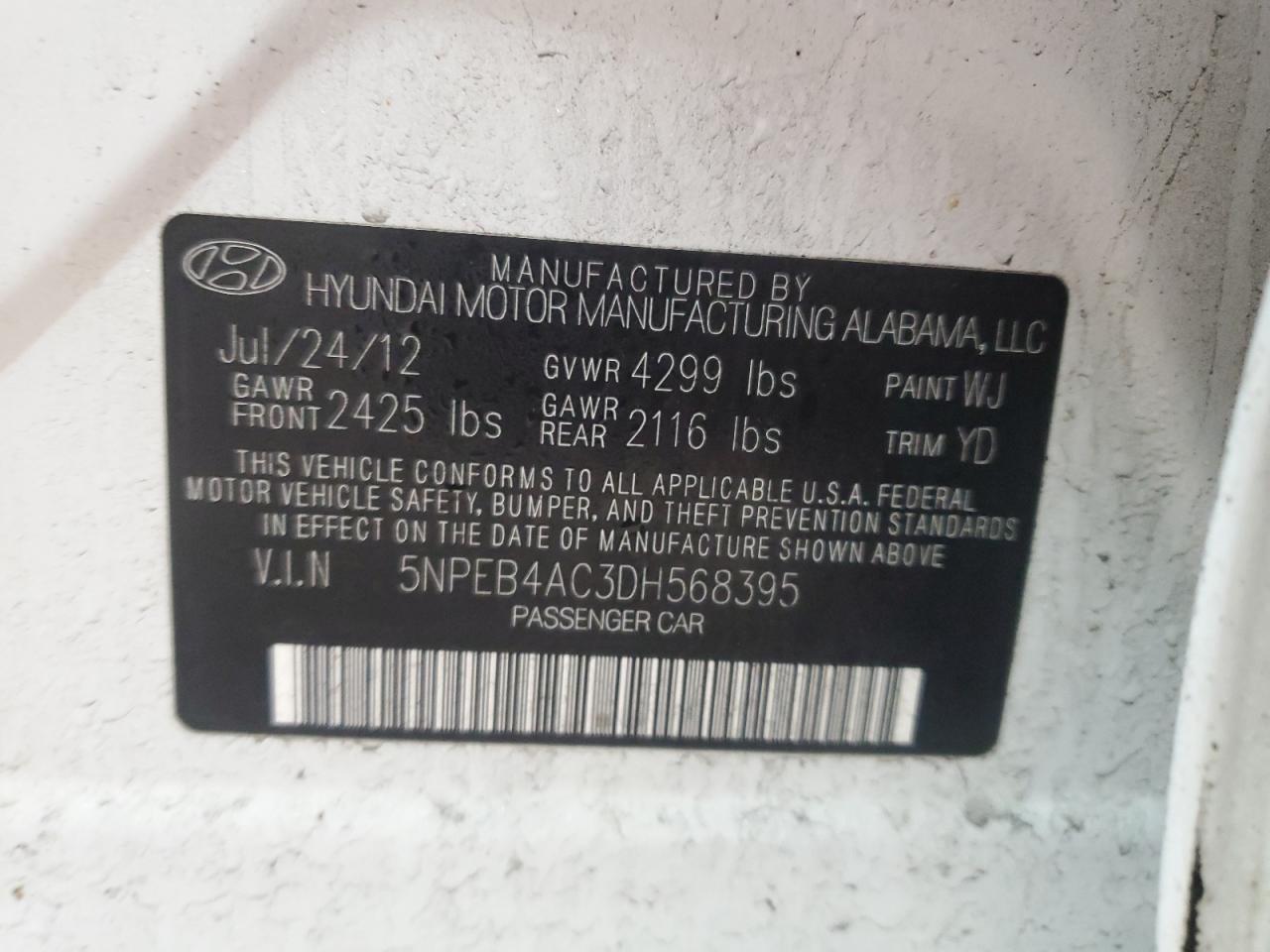 5NPEB4AC3DH568395 2013 Hyundai Sonata Gls