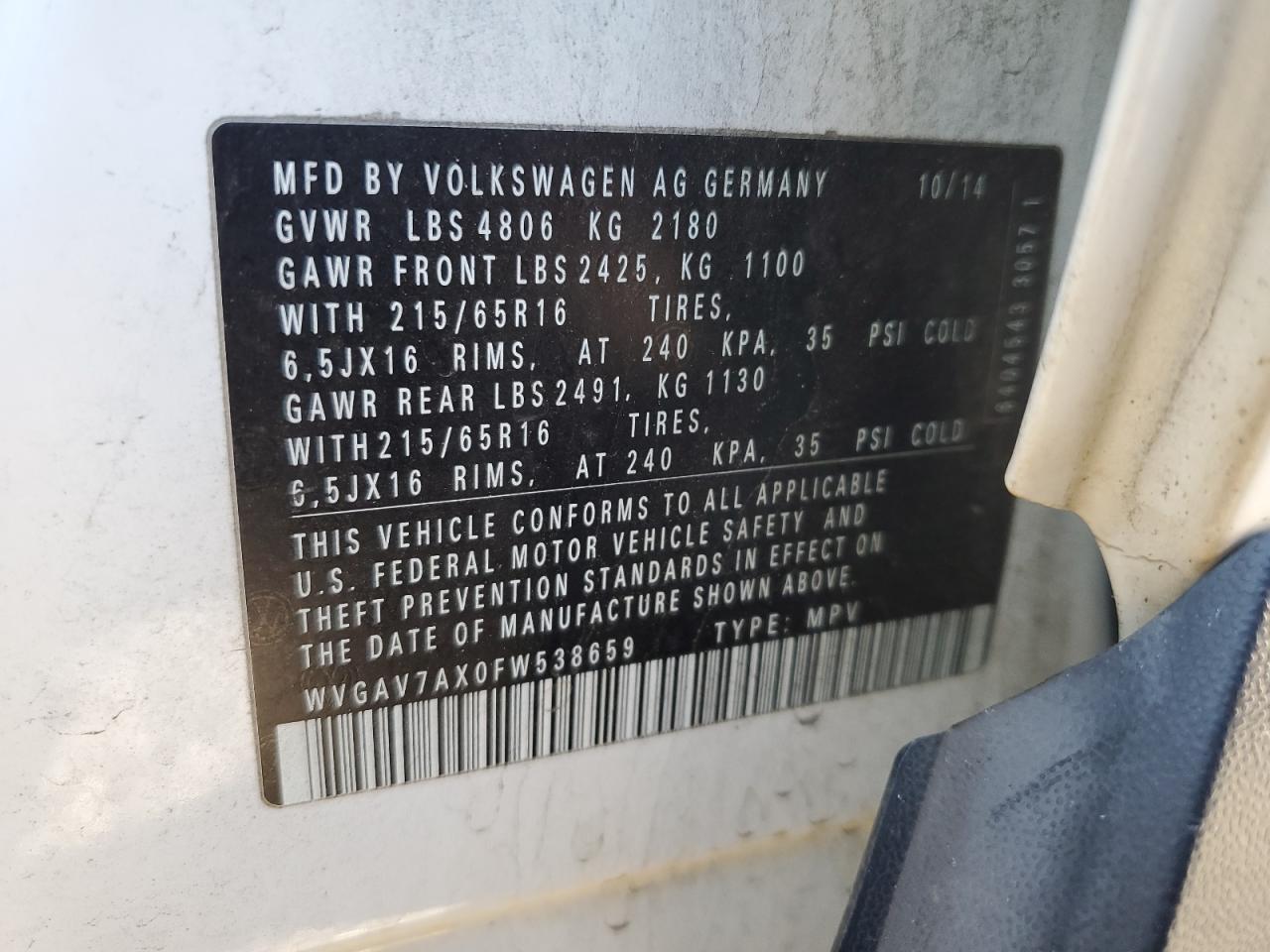 WVGAV7AX0FW538659 2015 Volkswagen Tiguan S