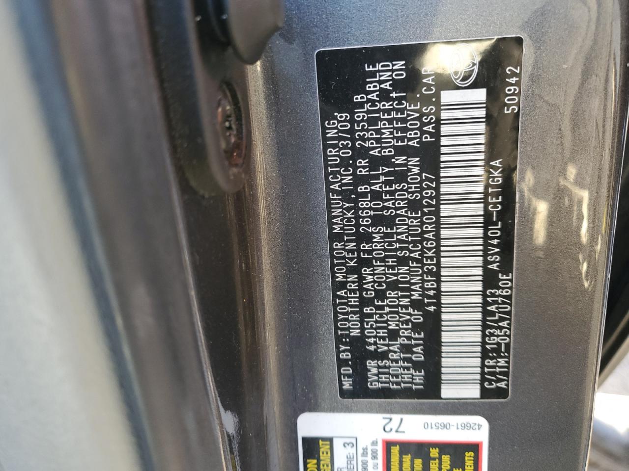 4T4BF3EK6AR012927 2010 Toyota Camry Base