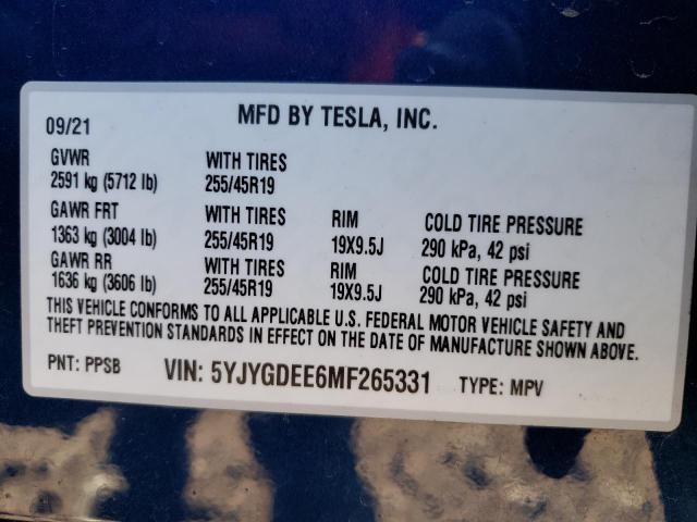 5YJYGDEE6MF265331 | 2021 TESLA MODEL Y