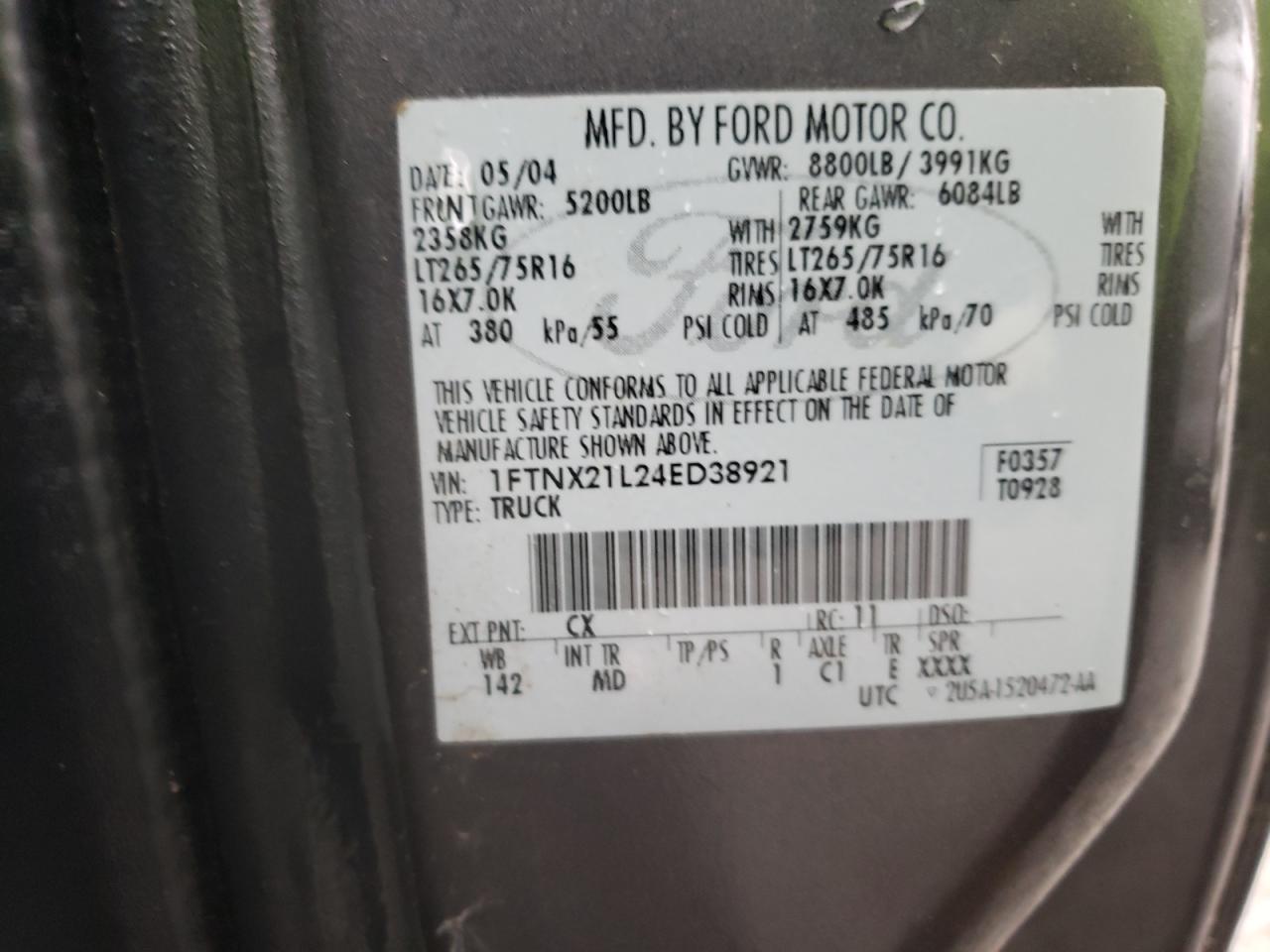 1FTNX21L24ED38921 2004 Ford F250 Super Duty