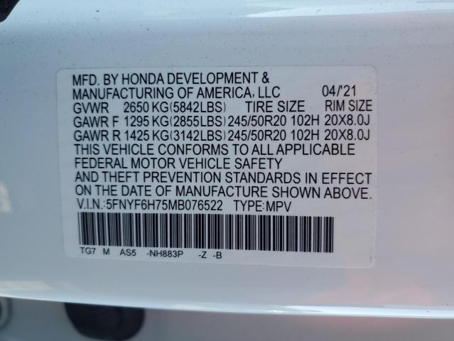 2021 HONDA PILOT BLAC - 5FNYF6H75MB076522