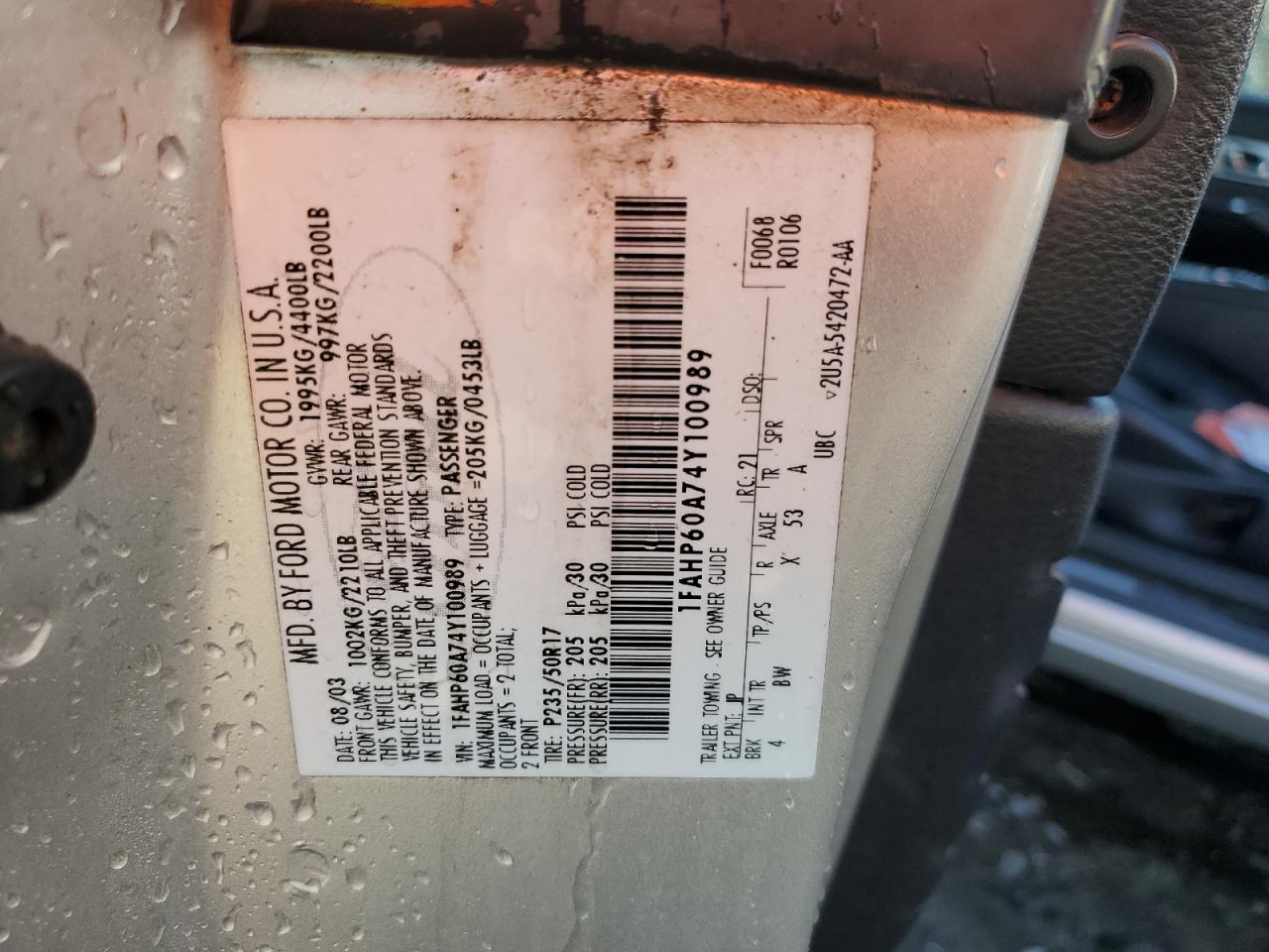 1fahp60a74y100989 1FAHP60A74Y100989 2004 Ford Thunderbird