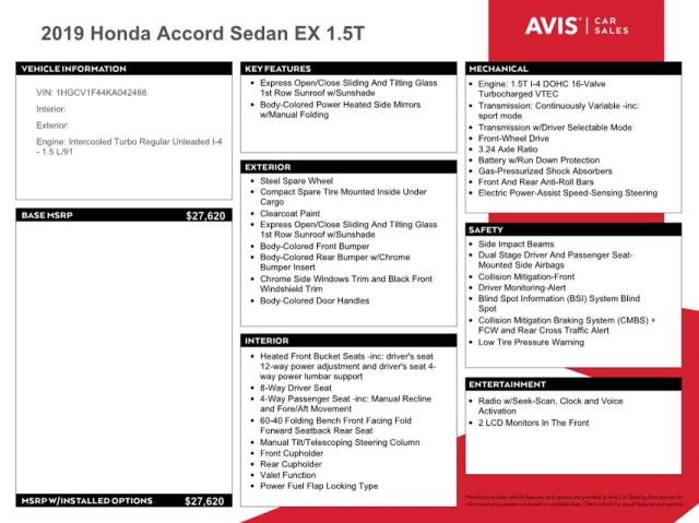 1HGCV1F44KA042488 | 2019 HONDA ACCORD EX