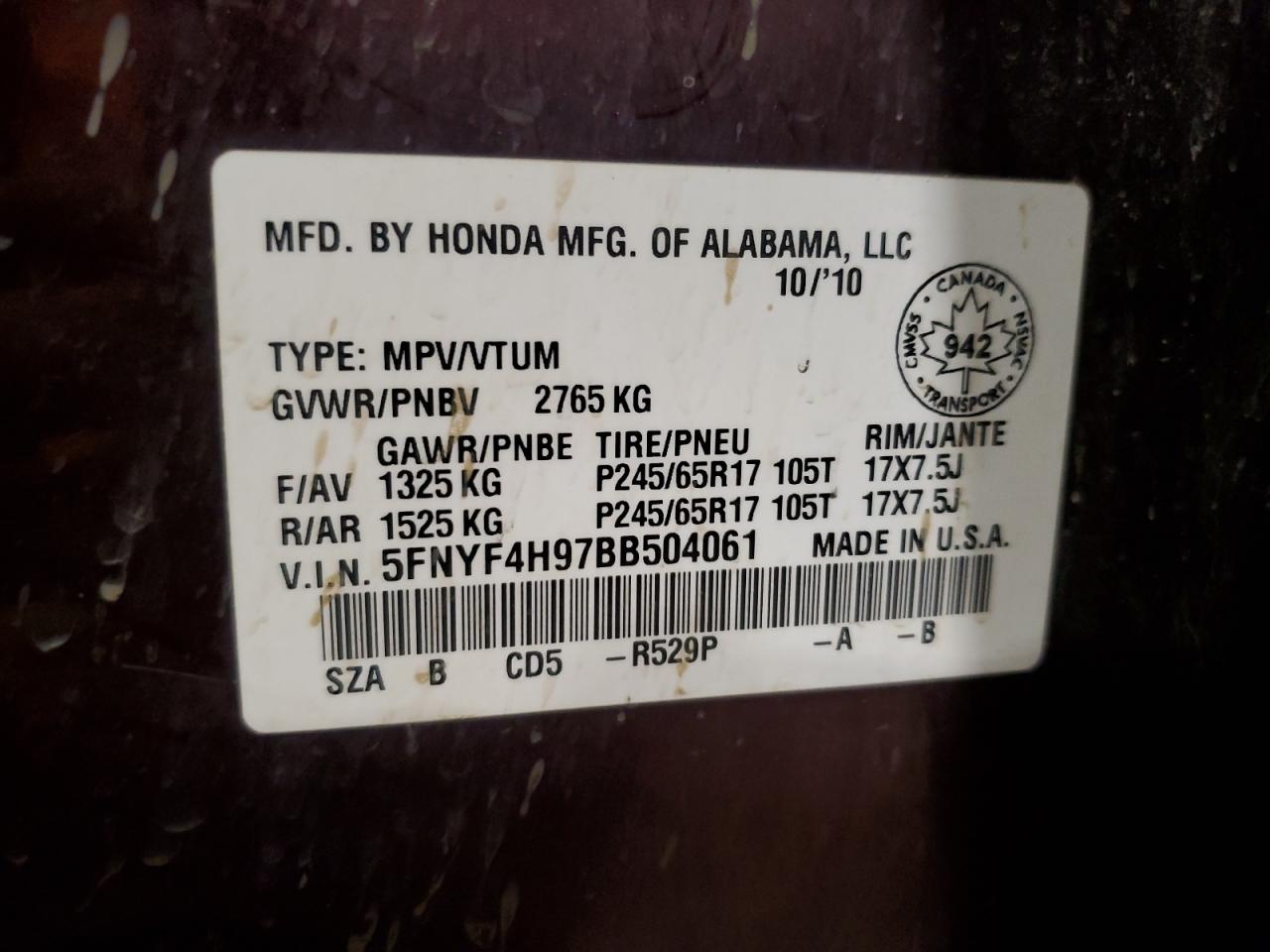 5FNYF4H97BB504061 2011 Honda Pilot Touring