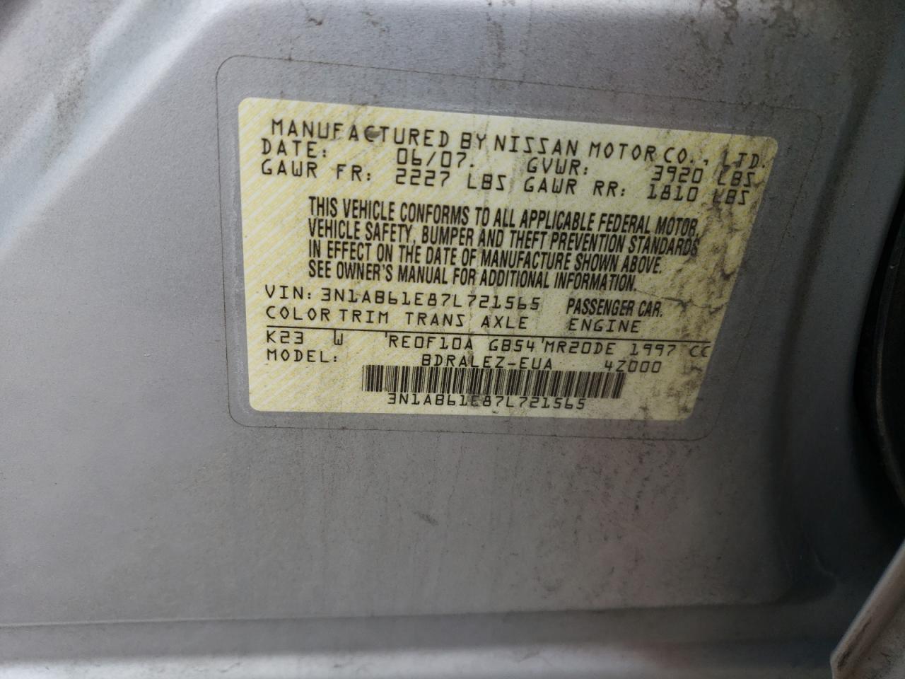 3n1ab61e87l721565 3N1AB61E87L721565 2007 Nissan Sentra 2.0