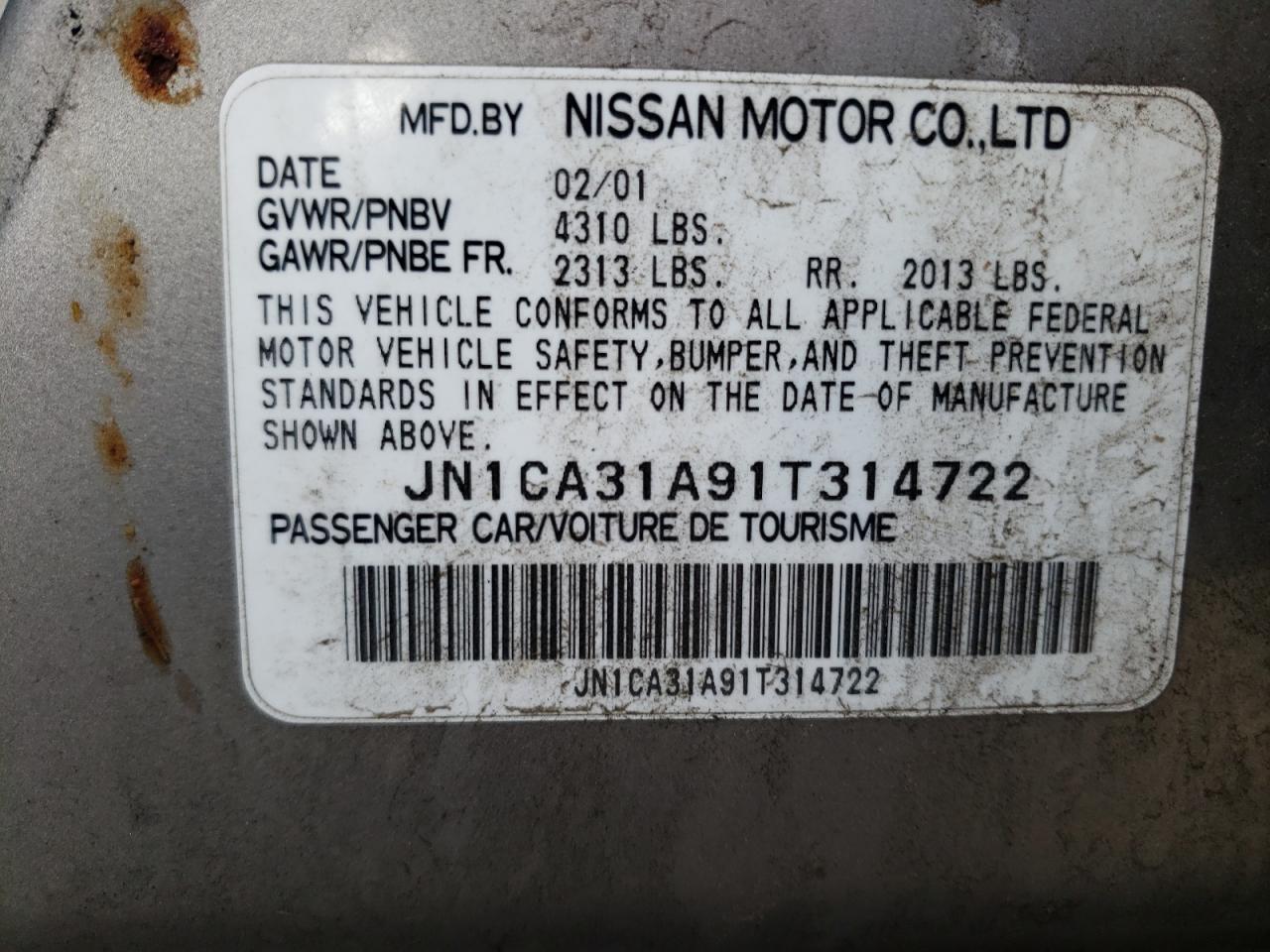 JN1CA31A91T314722 2001 Nissan Maxima Gxe