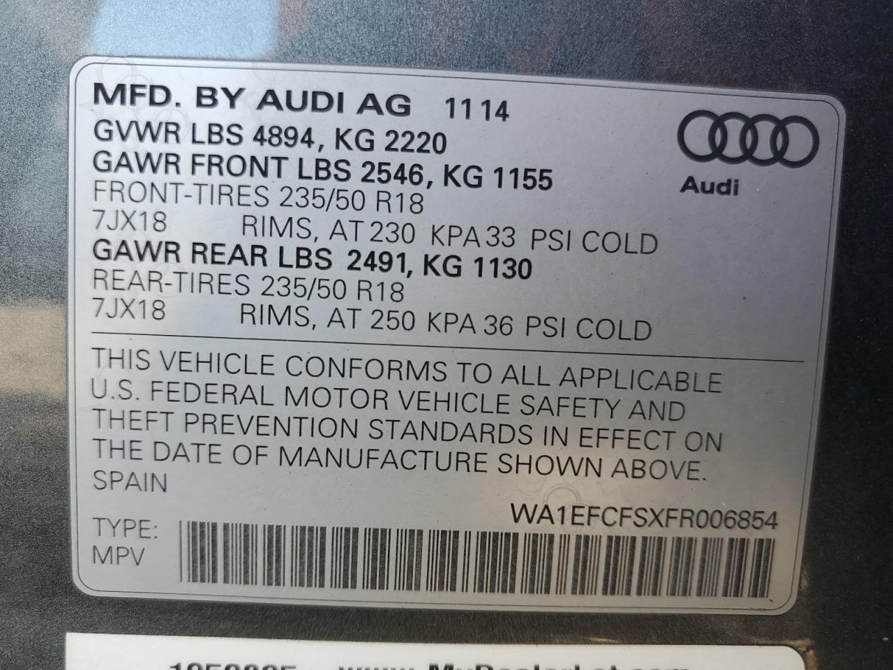 WA1EFCFSXFR006854 2015 Audi Q3 Premium Plus