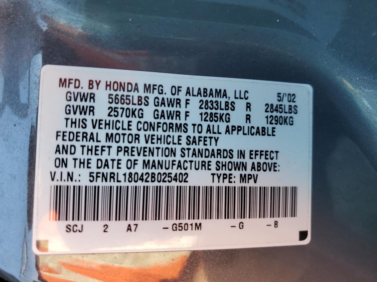 5FNRL18042B025402 2002 Honda Odyssey Exl