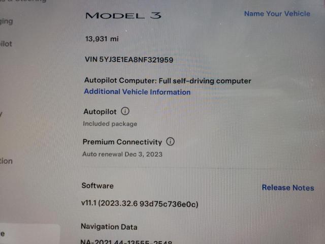 5YJ3E1EA8NF321959 | 2022 Tesla model 3