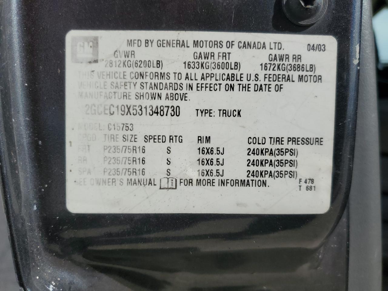 2gcec19x531348730 2GCEC19X531348730 2003 Chevrolet Silverado C1500