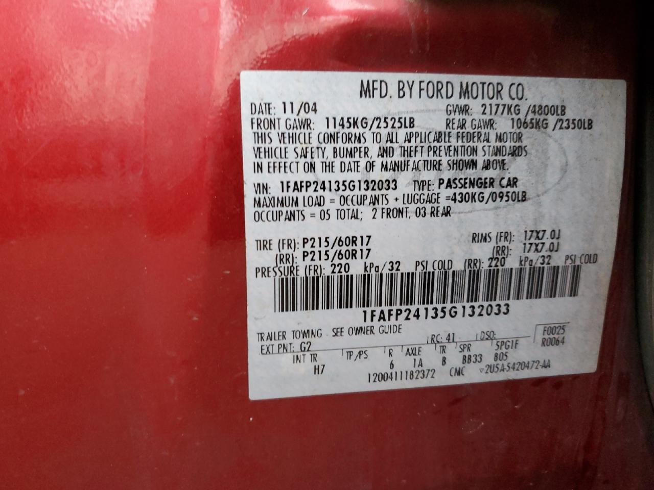 1FAFP24135G132033 2005 Ford Five Hundred Sel