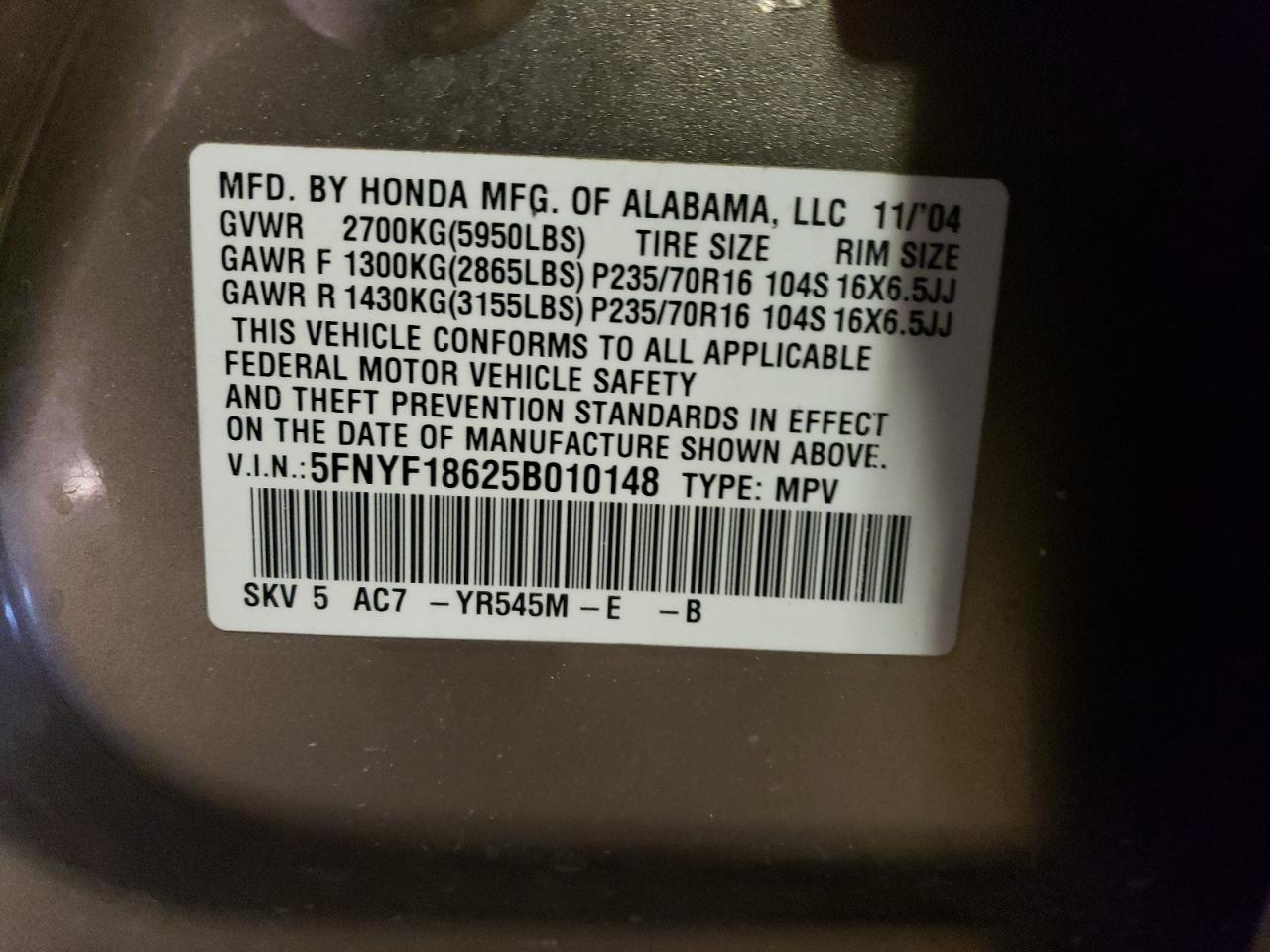 5fnyf18625b010148 5FNYF18625B010148 2005 Honda Pilot Exl