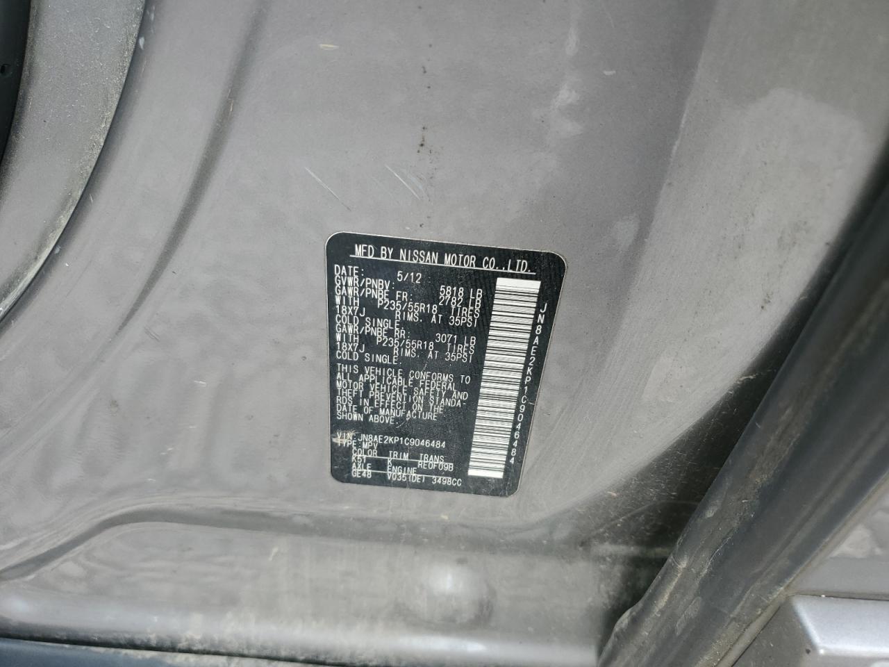 jn8ae2kp1c9046484 JN8AE2KP1C9046484 2012 Nissan Quest S