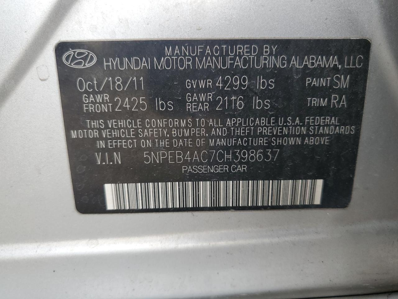 5NPEB4AC7CH398637 2012 Hyundai Sonata Gls