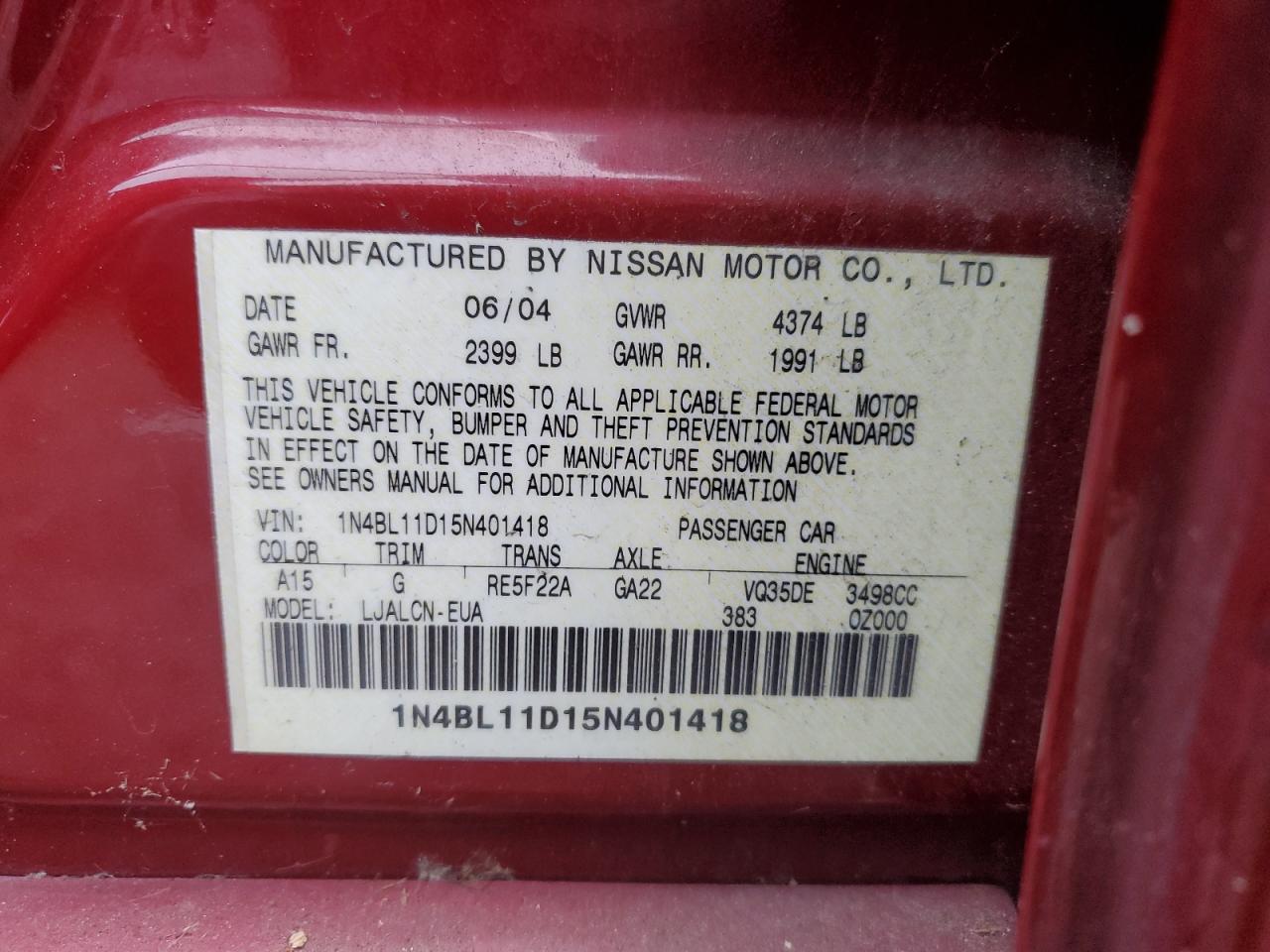 1N4BL11D15N401418 2005 Nissan Altima Se