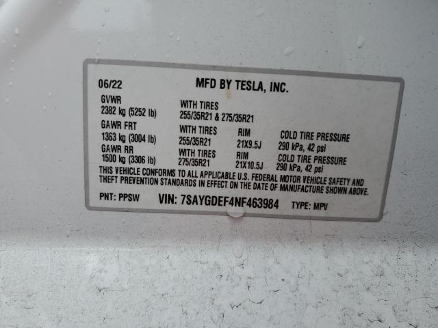 7SAYGDEF4NF463984 | 2022 TESLA MODEL Y