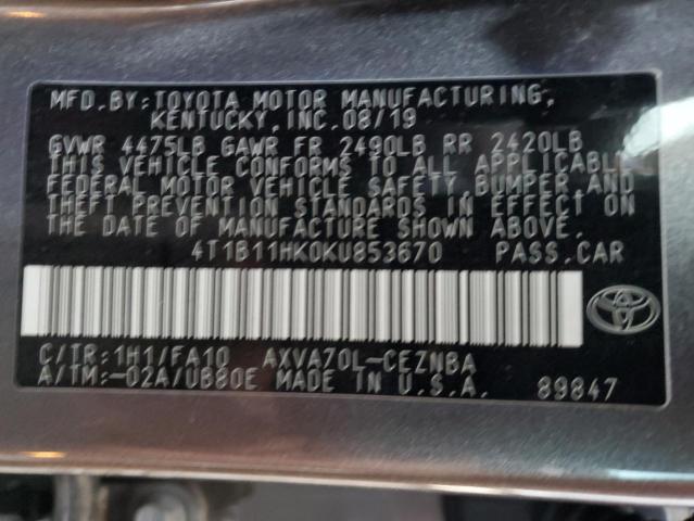 4T1B11HK0KU853670 | 2019 TOYOTA CAMRY L