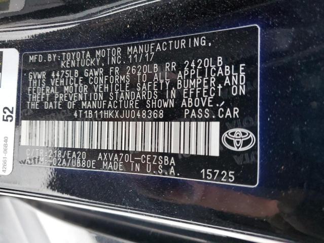 4T1B11HKXJU048368 | 2018 TOYOTA CAMRY L