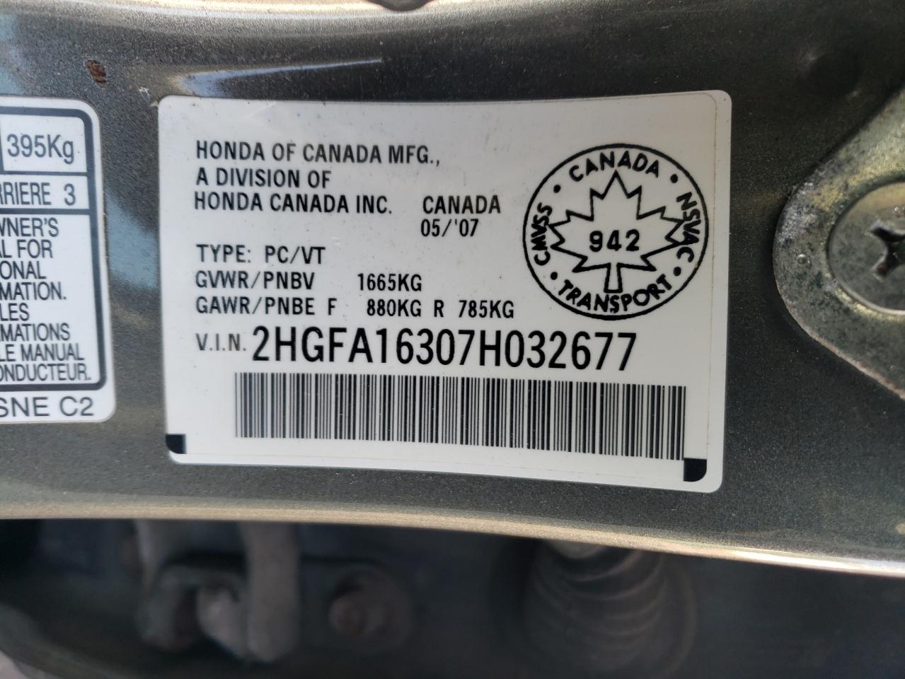 2HGFA16307H032677 2007 Honda Civic Dx
