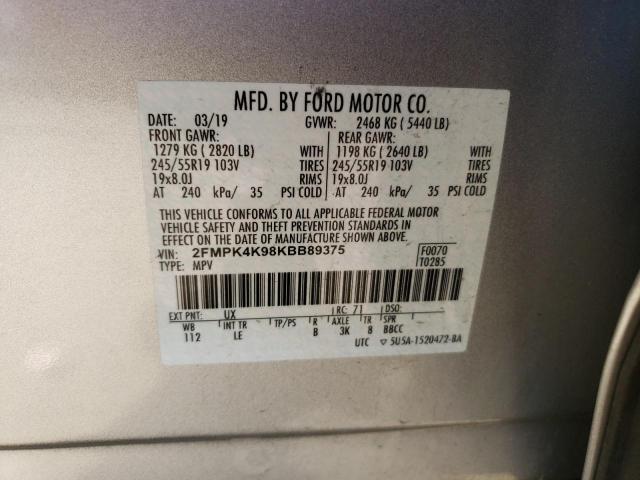 2FMPK4K98KBB89375 2019 FORD EDGE, photo no. 12