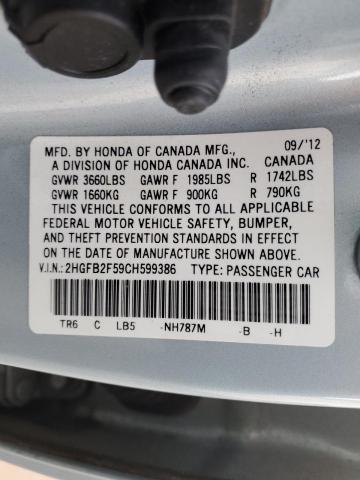 2012 Honda Civic Lx VIN: 2HGFB2F59CH599386 Lot: 80954963