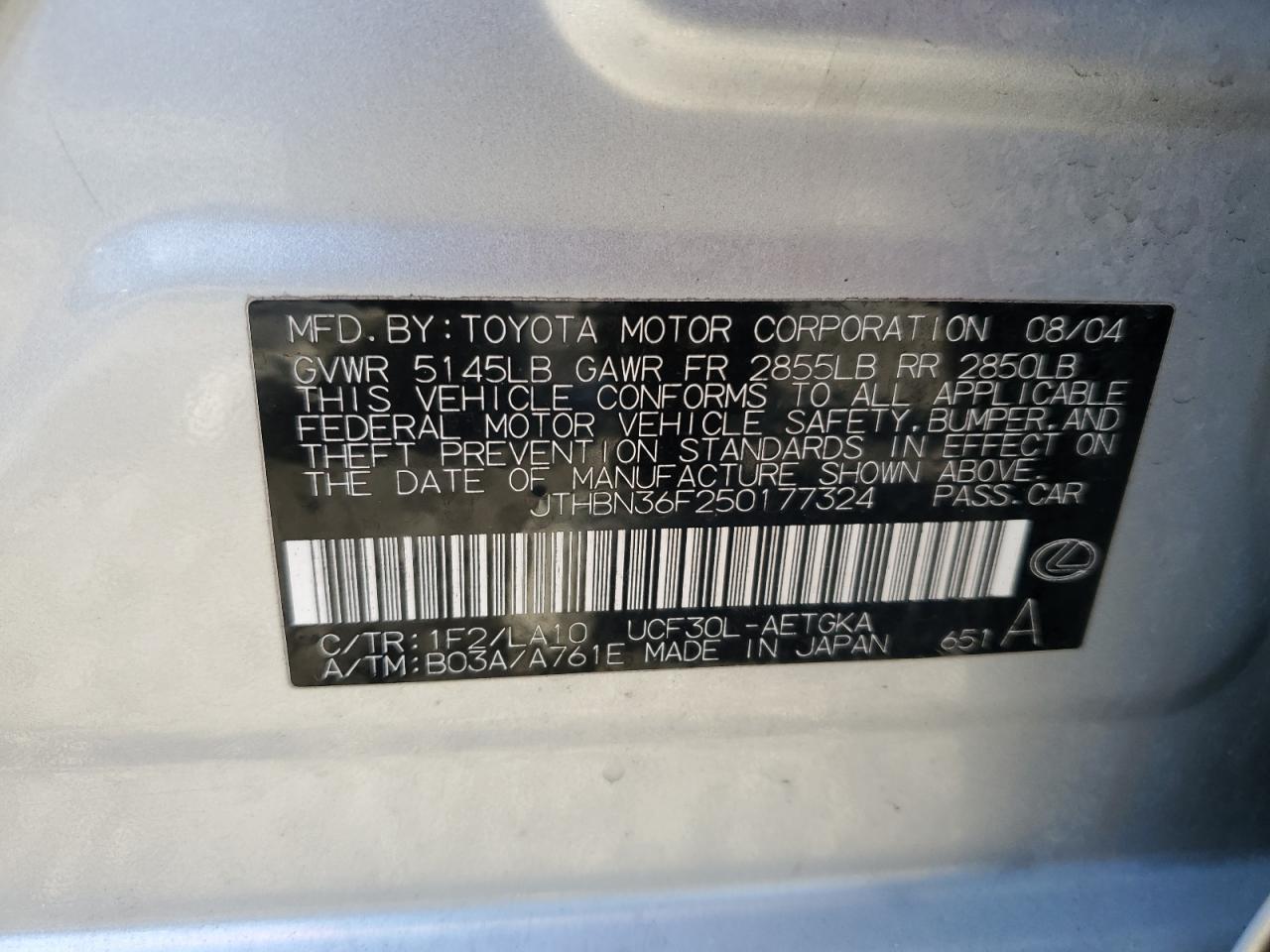 JTHBN36F250177324 2005 Lexus Ls 430