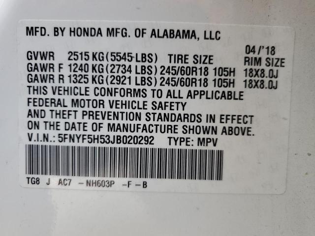 5FNYF5H53JB020292 | 2018 HONDA PILOT EXL