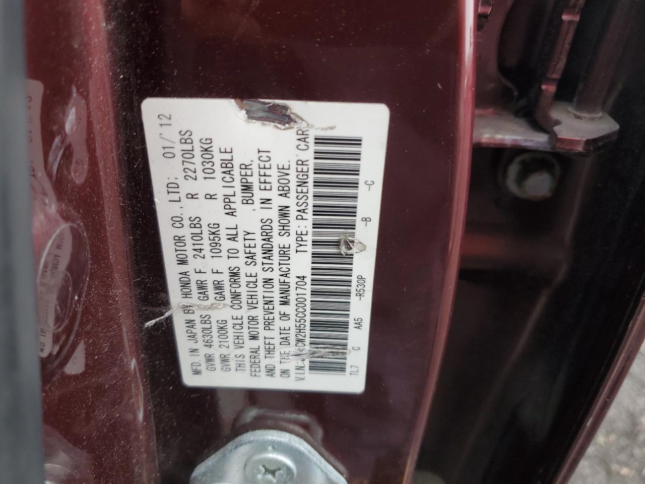 JH4CW2H55CC001704 2012 Acura Tsx