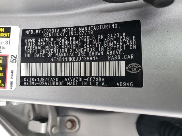 4T1B11HK6JU139914 | 2018 TOYOTA CAMRY L