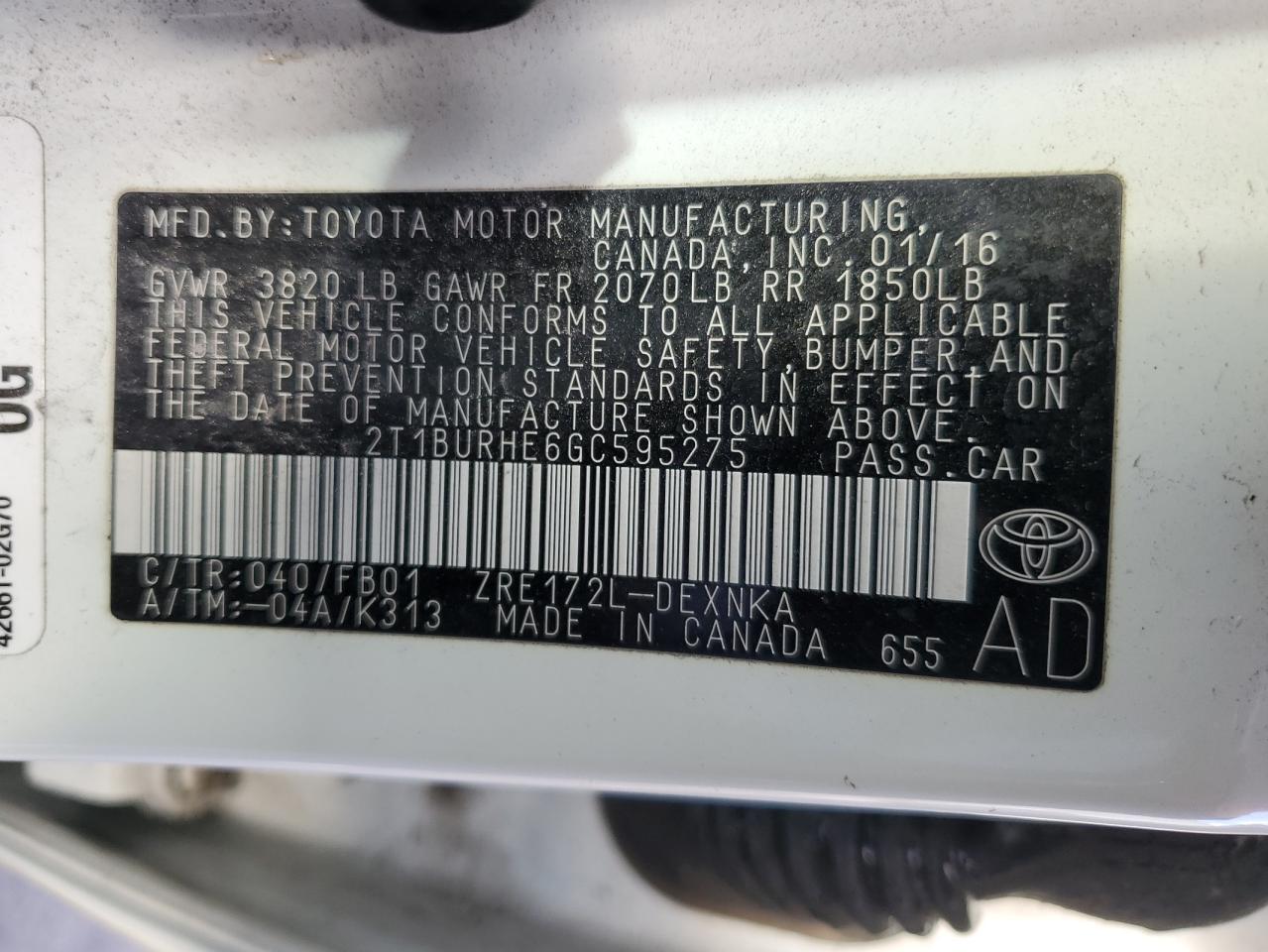 Lot #2533633990 2016 TOYOTA COROLLA L