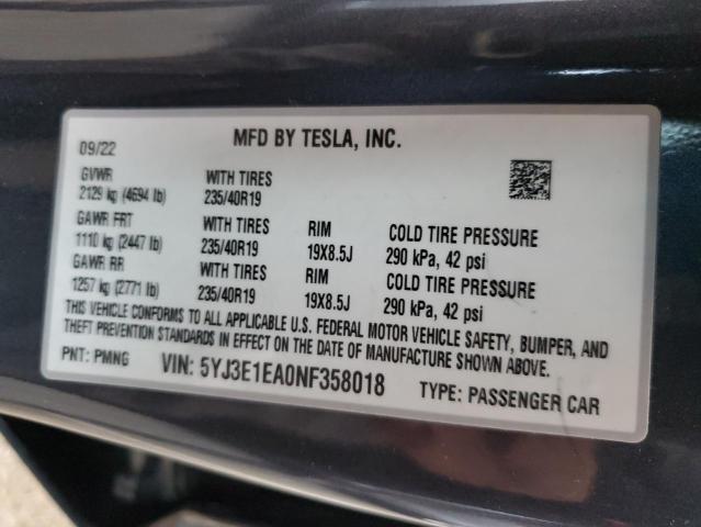 5YJ3E1EA0NF358018 | 2022 Tesla model 3