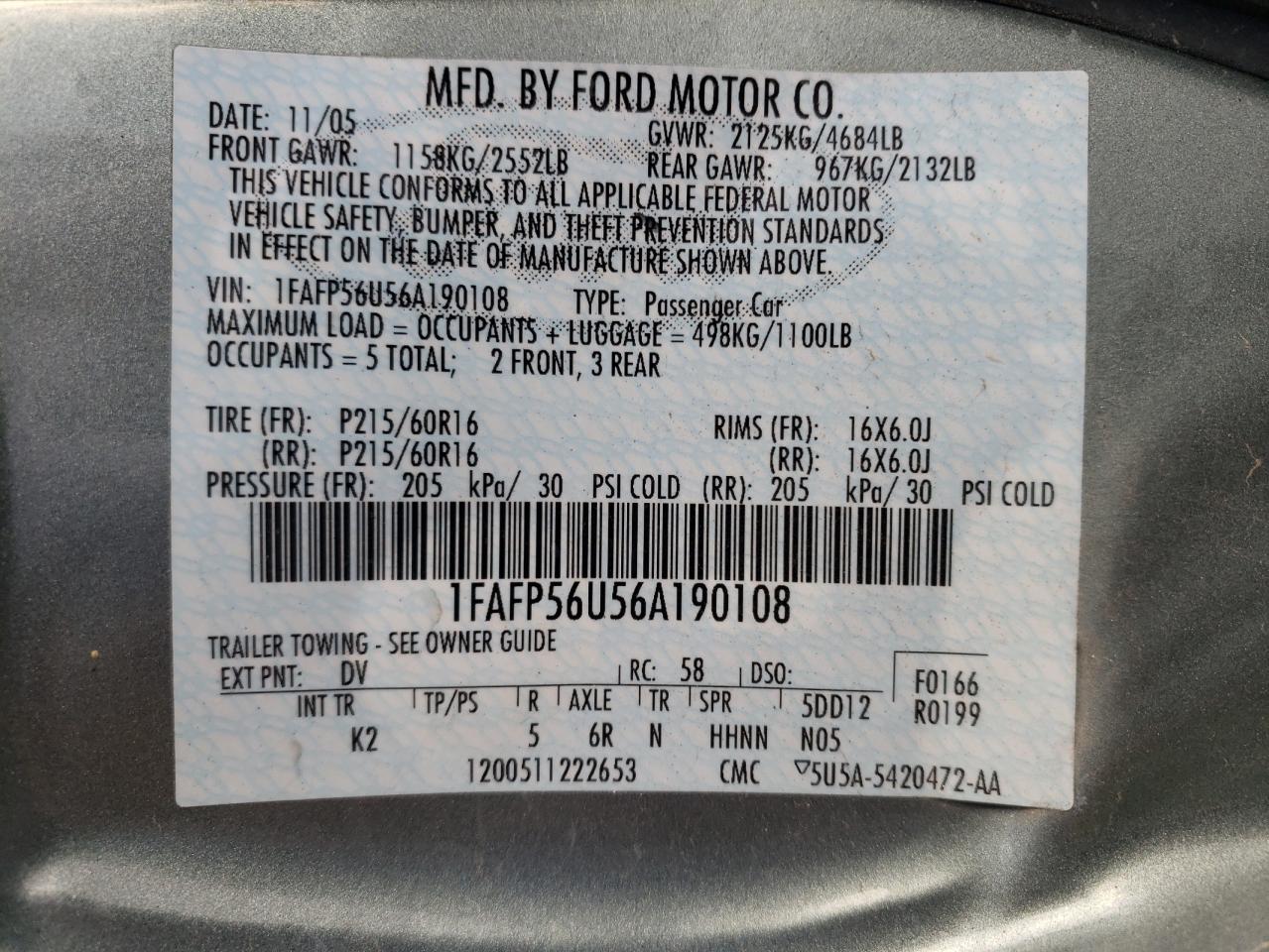 1FAFP56U56A190108 2006 Ford Taurus Sel