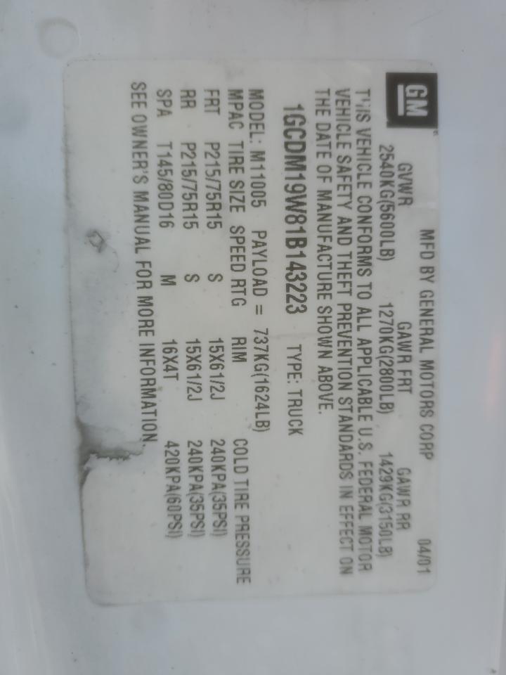 1gcdm19w81b143223 1GCDM19W81B143223 2001 Chevrolet Astro