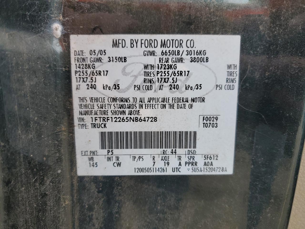 1ftrf12265nb64728 1FTRF12265NB64728 2005 Ford F150