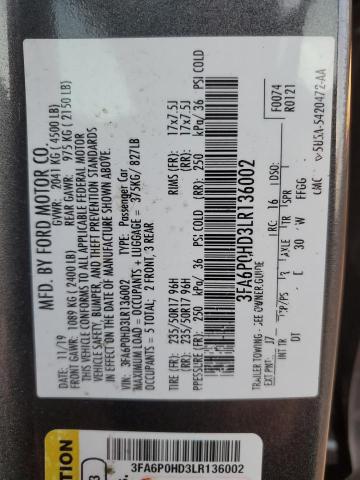 3FA6P0HD3LR136002 | 2020 FORD FUSION SE